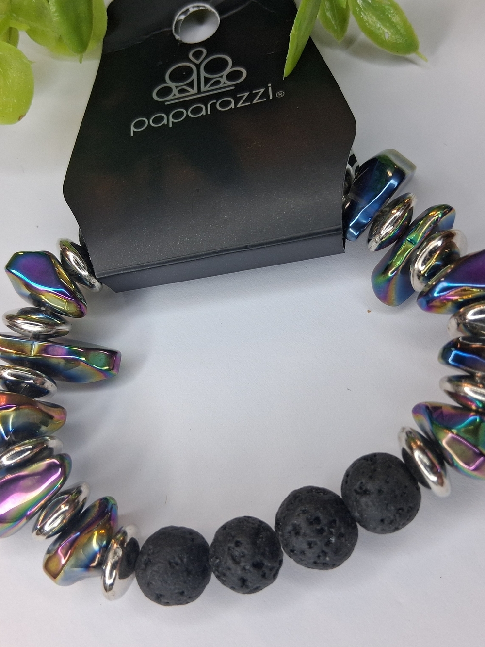 Iridescent Oil Spill Multicolor and Black Lava Bead Stretch Bracelet
